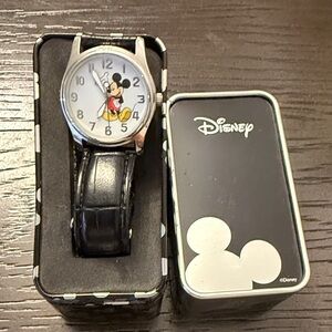 Disney Mickey Mouse Silver Watch with Black Leather Strap, new in box